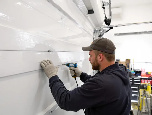 Gastonia Garage Door Repair technician demonstrating precision dent removal techniques on a Gastonia garage door