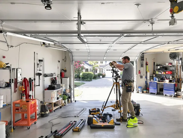 Gastonia Garage Door Repair specialist performing laser-guided track alignment in Gastonia